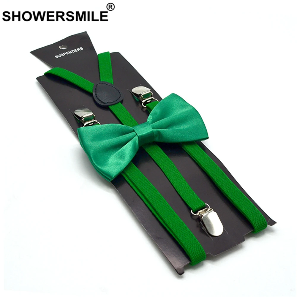 

SHOWERSMILE Green Suspenders with Bowtie Men Women Yellow Red Black White Blue Pink beige Adult Suspenders Braces 100cm*1.5cm