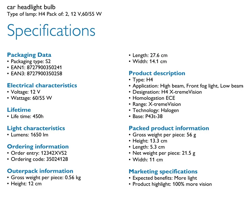 Philips H4 9003 12V 60/55W P43t X-treme Vision Автомобильные фары яркие галогенные лампы ECE одобрить больше видения 12342XV S2, пара