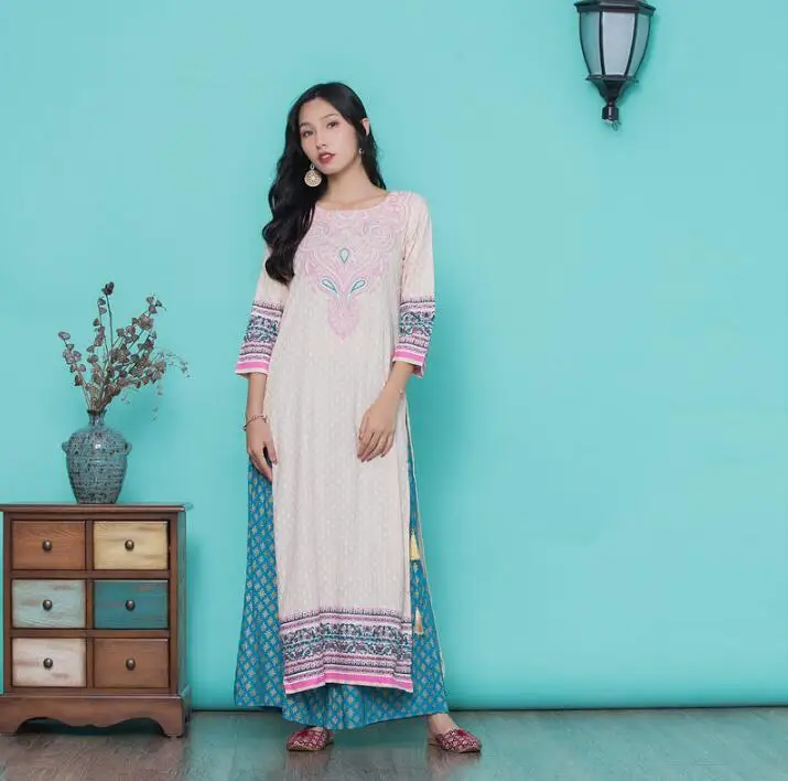 

India Fashion Woman Ethnic Styles Print Set Cotton India Dress Three Quarter Sleeve Costume Elegent Lady Top And Pants