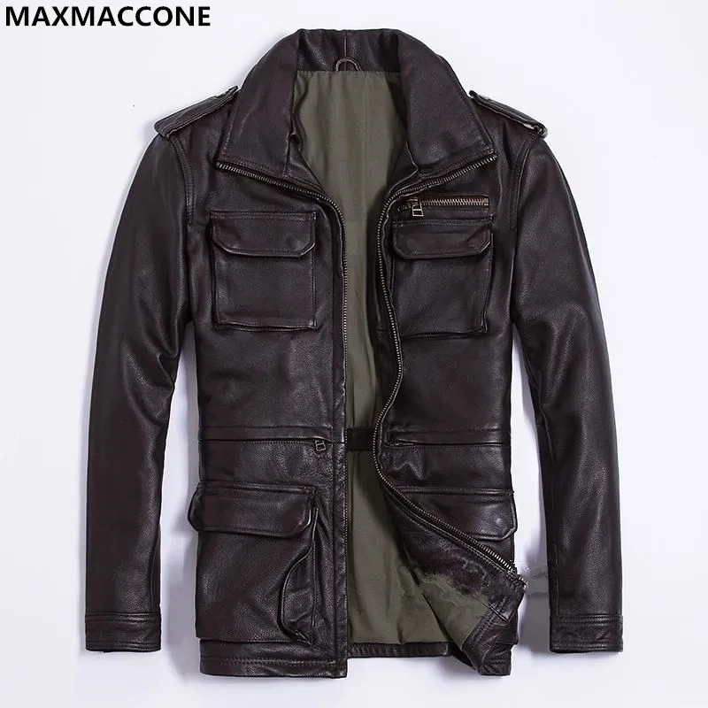 Мужская длинная M65 кожаная куртка размера плюс XXXXXL из натуральной толстой воловьей кожи для русской сафари