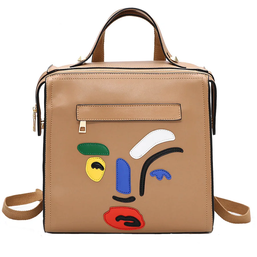 

Yesello Khaki and Black Teenage Girls Womens Leather Backpack School Bag Cartoon image Student Bag Fashion Retro Shoulder Bag