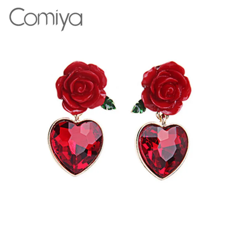 

Comiya Drop Ship Heart Shape Red Rose Flower Drop Earrings For Women Green Leaf Glaze Enamel Process Dangle Earring