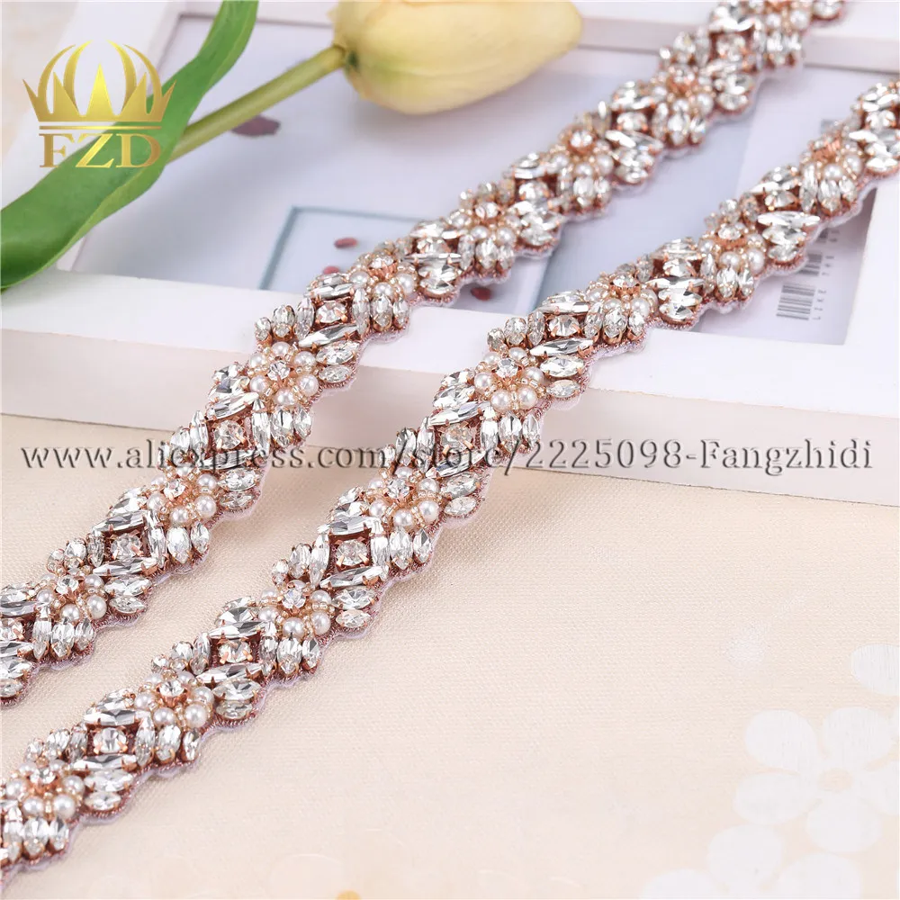 

FZD 1 Yard Handmade Hot Fix Sewing on beaded applique Rhinestone Appliques for Wedding Gown Iron on Belt Waist Garters
