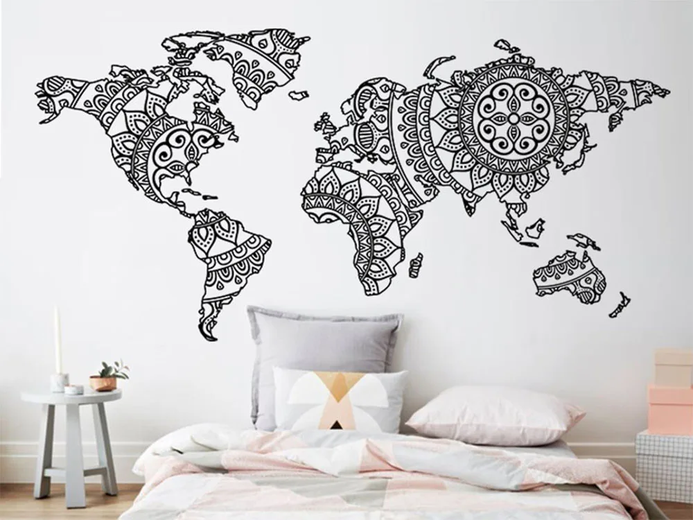 Наклейка на стену с изображением мандалы, Карта мира, декор для спальни, Йога, настенная виниловая художественная Наклейка на стену, современный стиль бохо, домашний декор, Фреска D263