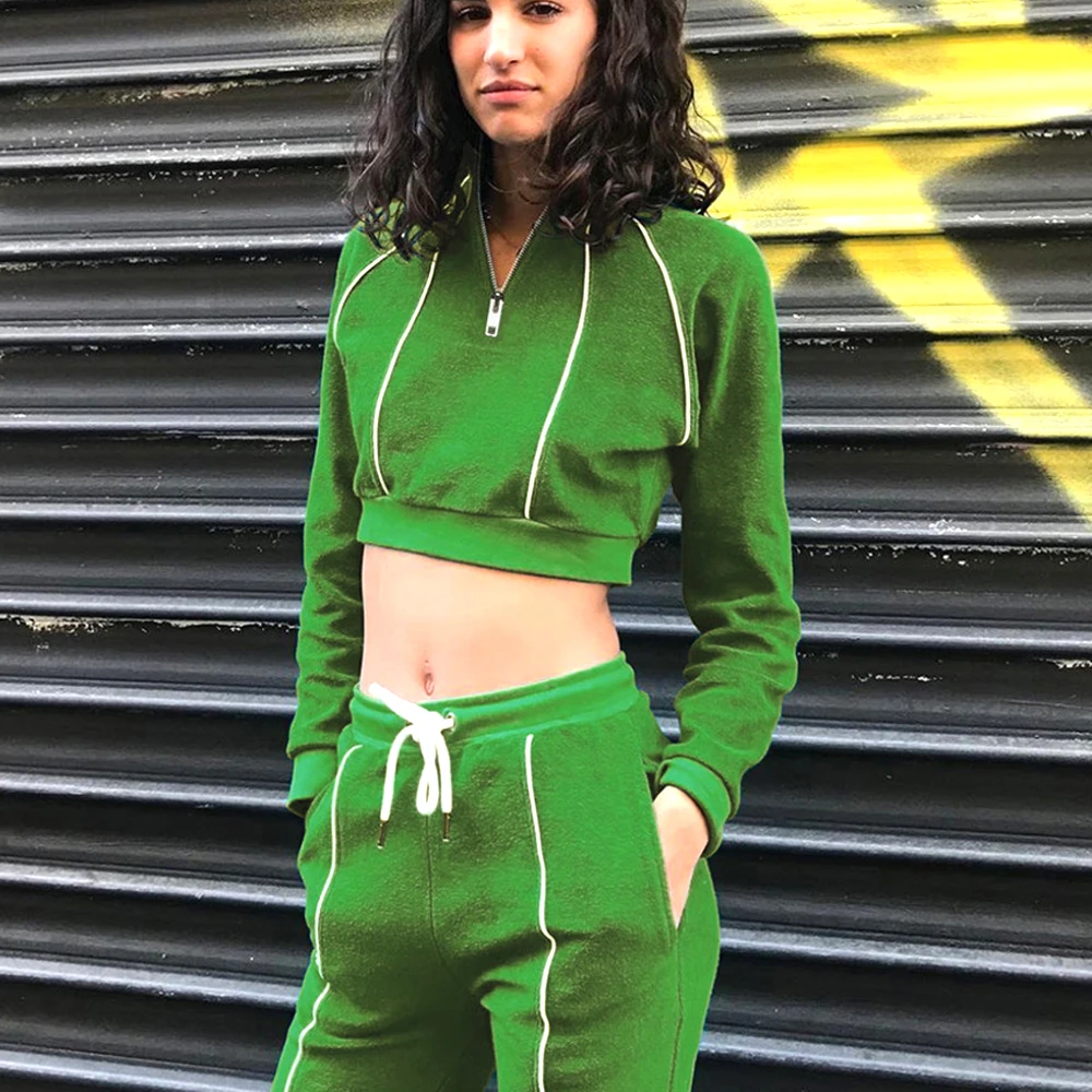 

Two Pieces Set Tracksuit with Reflective Piping Women Long Sleeve Cropped Sweatshirt and Joggers Set Female Sweatsuit Green