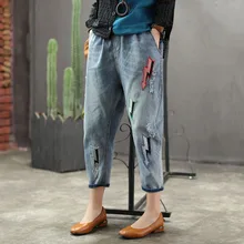 QPFJQD Mori Girl style женские эластичные синие джинсы с эластичной резинкой на талии женские джинсовые брюки с вышивкой брюки пэчворк размера плюс
