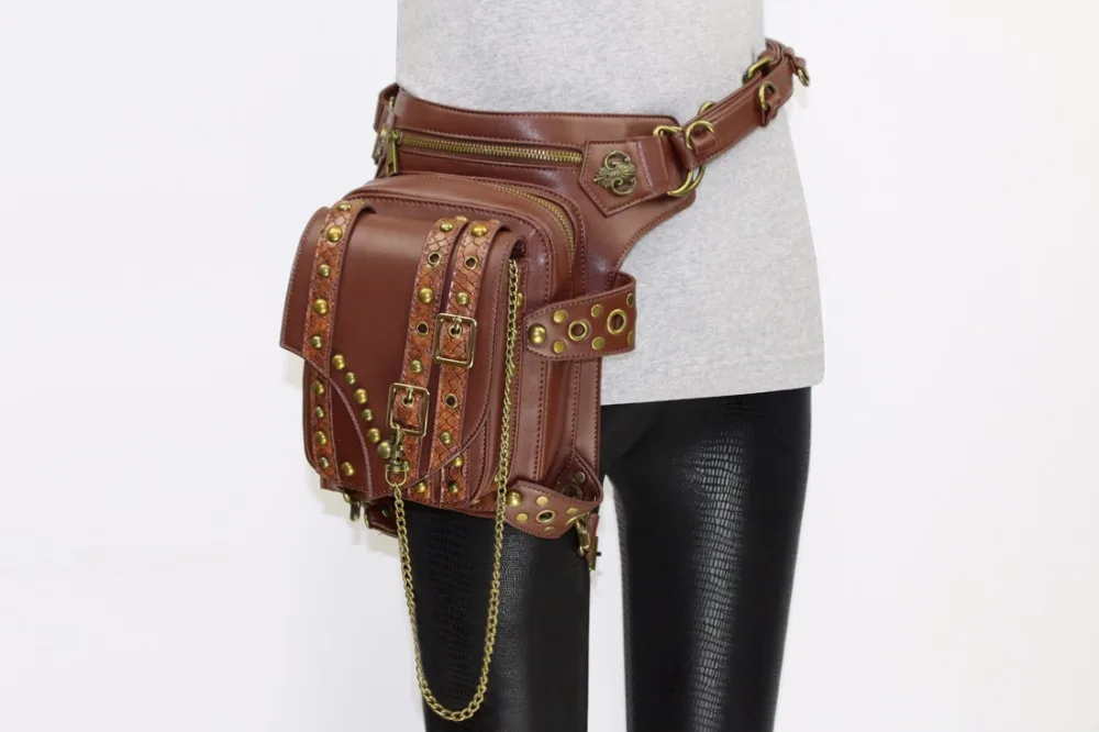 Gear Duke Steampunk Waist Pack Bag Retro Rock Gothic brown Fanny Bag Pack Shoulder Bag Vintage Men Women Leather Leg Bag