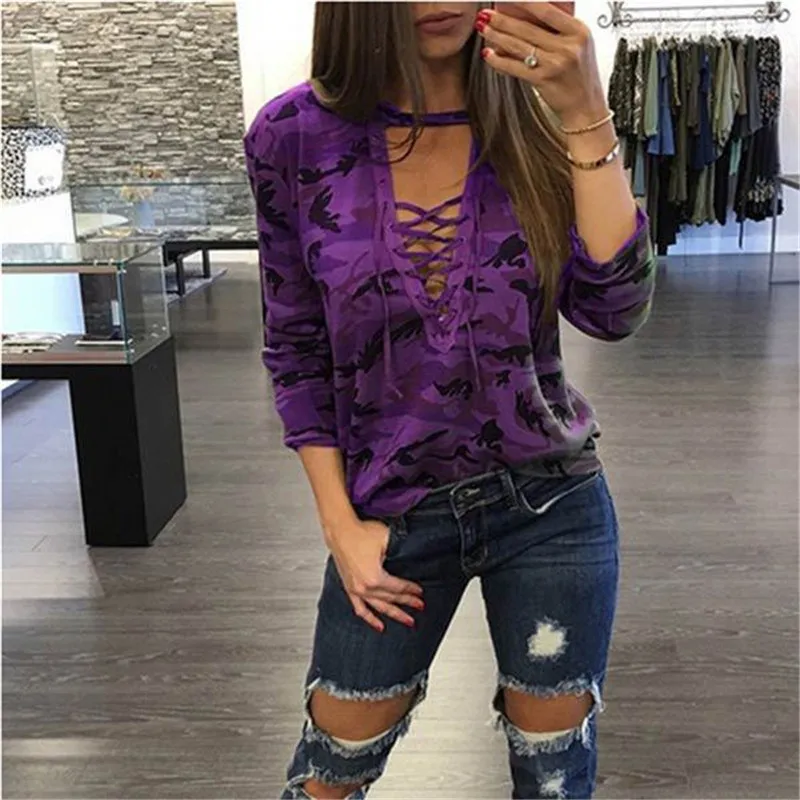 المرأة أزياء الملابس التمويه تي شيرت الصيف مثير ضمادة V الرقبة الجوف خارج تي شيرت سيدة مكتب قمم ارتداء المحملة قميص الإناث المرأة أزياء الملابس التمويه تي شيرت الصيف مثير ضمادة V الرقبة الجوف خارج تي شيرت سيدة مكتب قمم ارتداء المحملة قميص الإناث