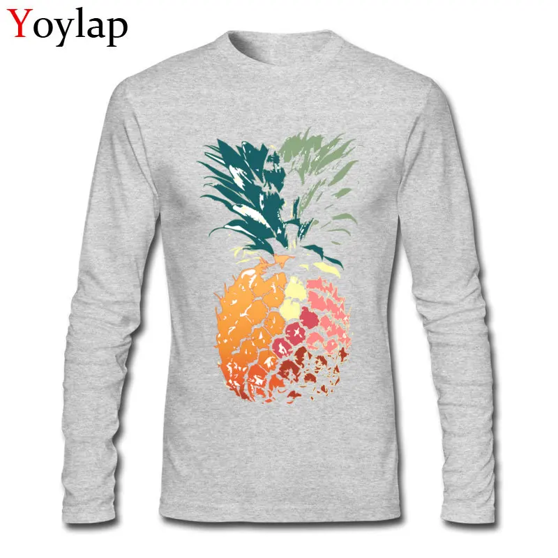 Crew Neck T-shirts Slim Fit Summer/Autumn Tops Tees Long Sleeve for Men Plain 100% Cotton Casual Print Sweatshirts Top Quality Nice drawn colored painted pineapple art grey
