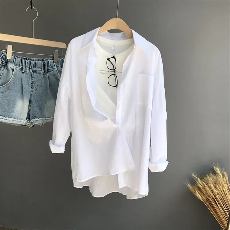  100% Cotton Casual White Sunproof Blouse Women 2018 Summer Women Long Sleeve White Shirts Blouse Hi