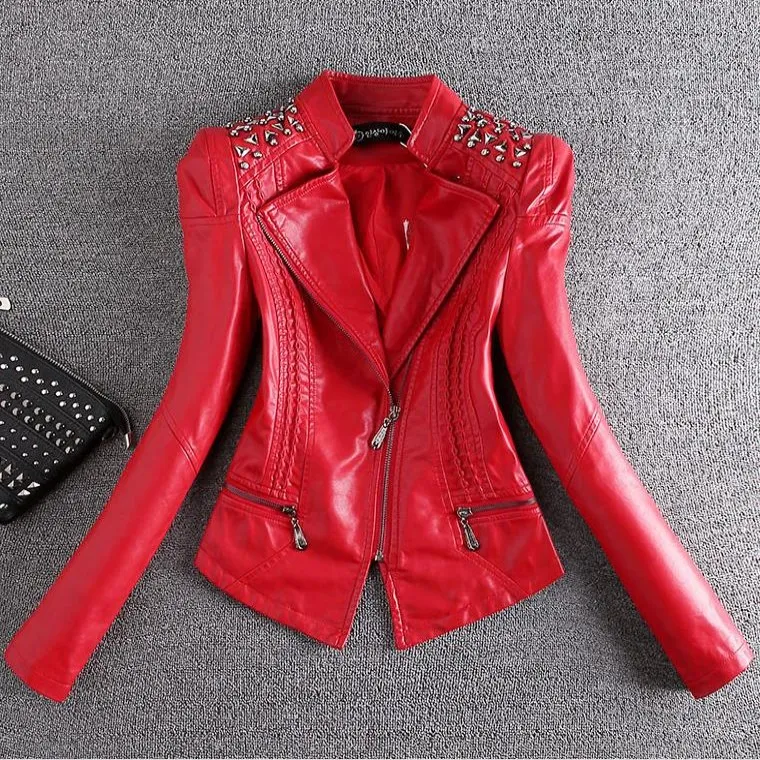 

plus size S-4XL!2018 New Spring Autumn PU Leather rivet Slim stand collar Zipper Motorcycle Jackets