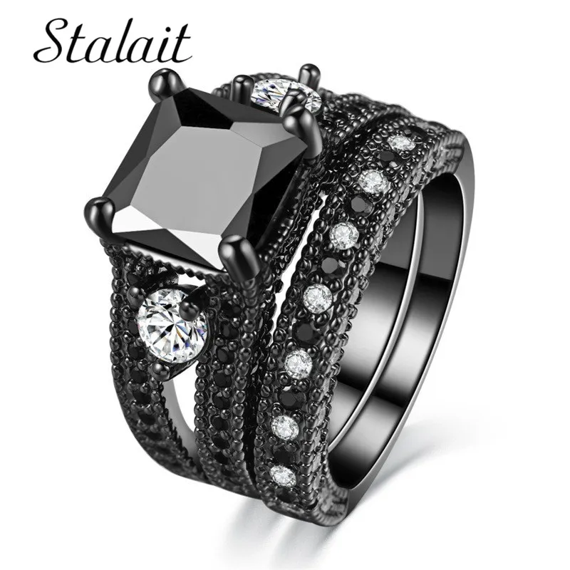 

Fashion Jewelry Silver Plated Black Cubic Zircon Vintage Retro Ring Set For Women Jewelry Promise Rings For Couples