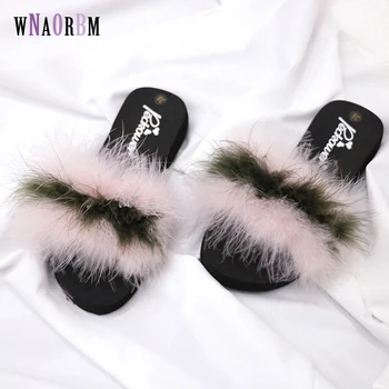 

2020 new women's shoes striped color spring and summer fashion wild ostrich feather slippers flat shoes Hairy slippers