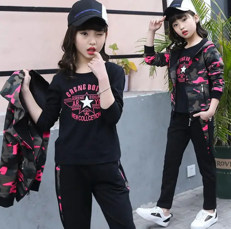 

3 Pieces New Girls clothing set Autumn Fall girls Camouflage baseball style clothes Sports Hooded Jacket T-shirt pants Tracksuit