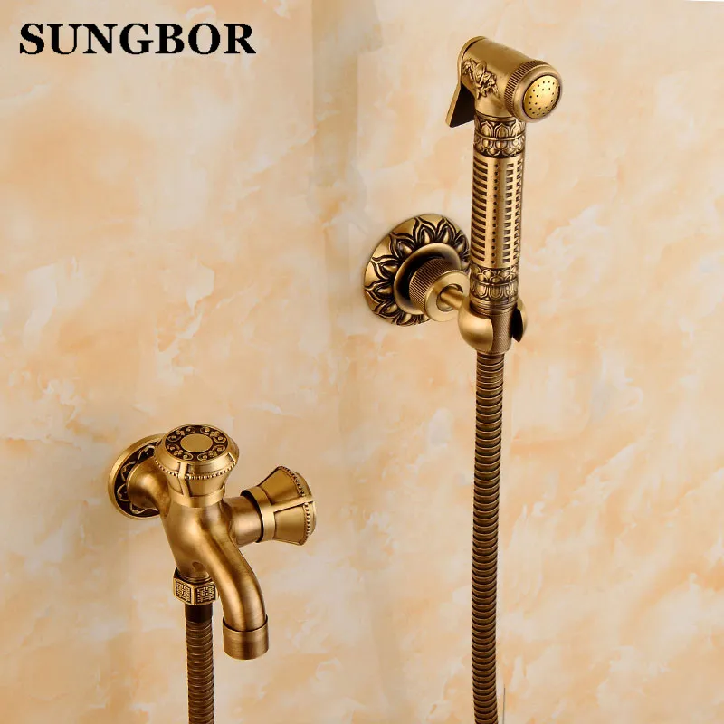 Carved Antique Brass Bidet Faucets Wall Mounted Bathroom Shower Toilet Washing Machine Faucet