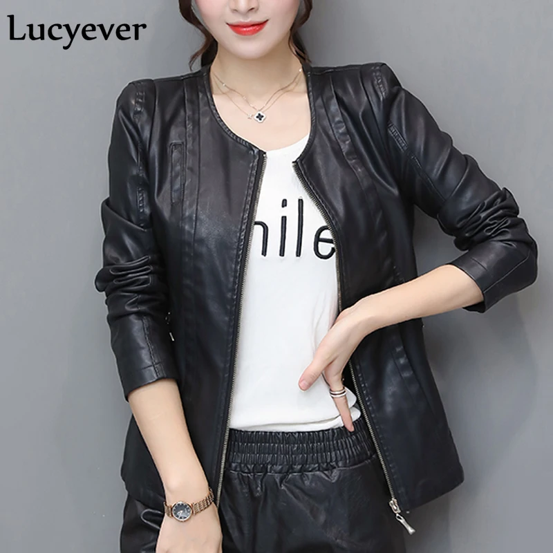 Lucyever, Женская куртка из искусственной кожи, осенняя, черная, с длинным рукавом, мотоциклетная, Байкерская, Женское пальто, корейский Блейзер на молнии, куртка-бомбер, верхняя одежда