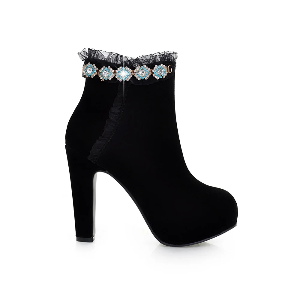 High Quality Brand New Black Women Rhinestone Ankle Boots Ladies Autumn Winter Shoes Ribbons 