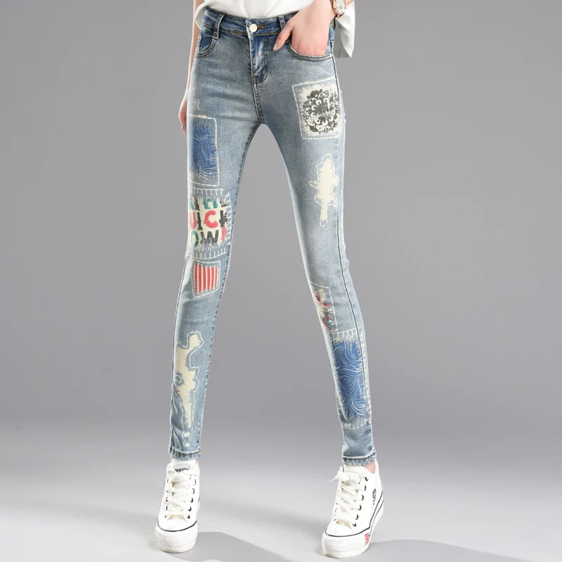 New Plus Size Sexy Pencil Pants Women s High Quality Casual Denim Cotton Print High Waist