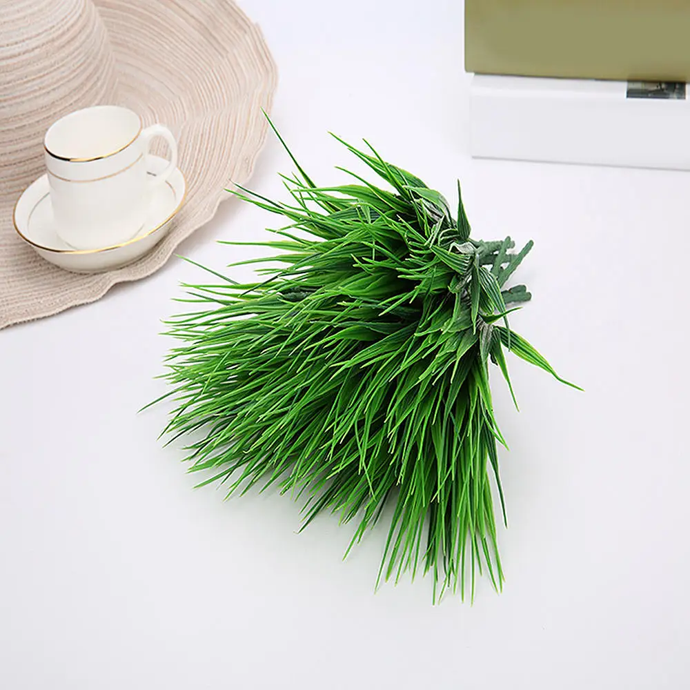 

3pcs Green Plant Potted Plant Plastic Simulation Grass 7 Fork Spring Grass Outside Home Garden Office Decoration