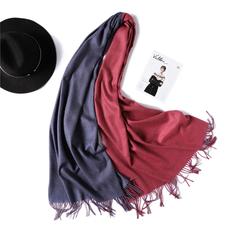 [Lakysilk] зимний шарф для женщин, кашемировый теплый мягкий двухцветный хиджаб, шарф для девушек, толстые брендовые шали и накидки с кисточками, пашмины - Цвет: 3
