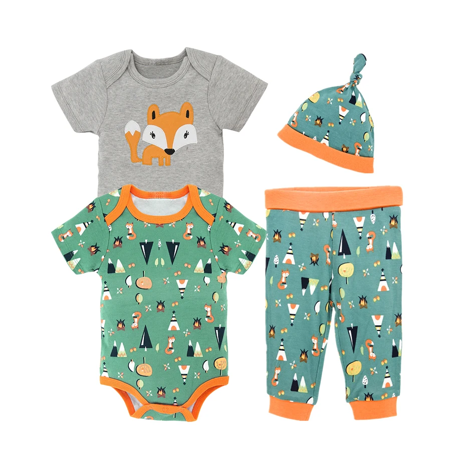 Kavkas/Новые комплекты для малышей из 4 предметов летний комплект одежды для маленьких мальчиков, боди с героями мультфильмов, штаны, костюм с шапочкой для малышей, подарок - Цвет: HY2163TZ6119