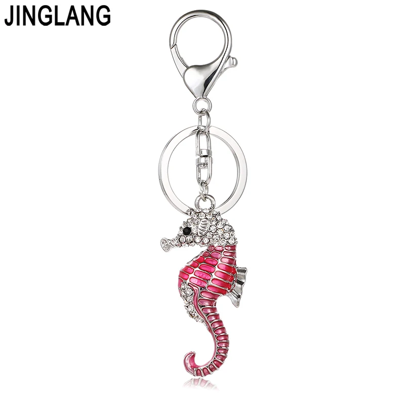 

JINGLANG Lobster Clasp Metal Keyring White Crystal 3D Enamel Hippocampus Animal Charms Keychains For Women Handbag Jewelry