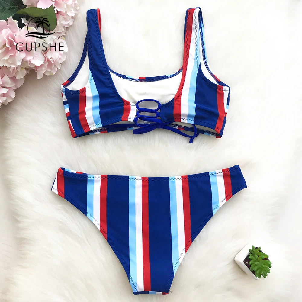 Preise Cupshe Eine Mehr Kuss Gestreiften Bikini Set Frauen Lace Up Tank U Neck Zwei Stücke Bademode 2020 Mädchen Strand Bade anzüge Badeanzüge