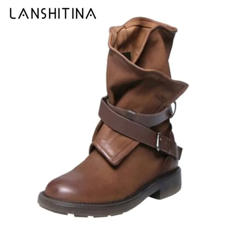 

2018 NEW Women Vintage Mid Calf Boots Soft Leather Shoes Female Autumn Winter Low Heels Motorcycle Boots Comfortable Women Botas