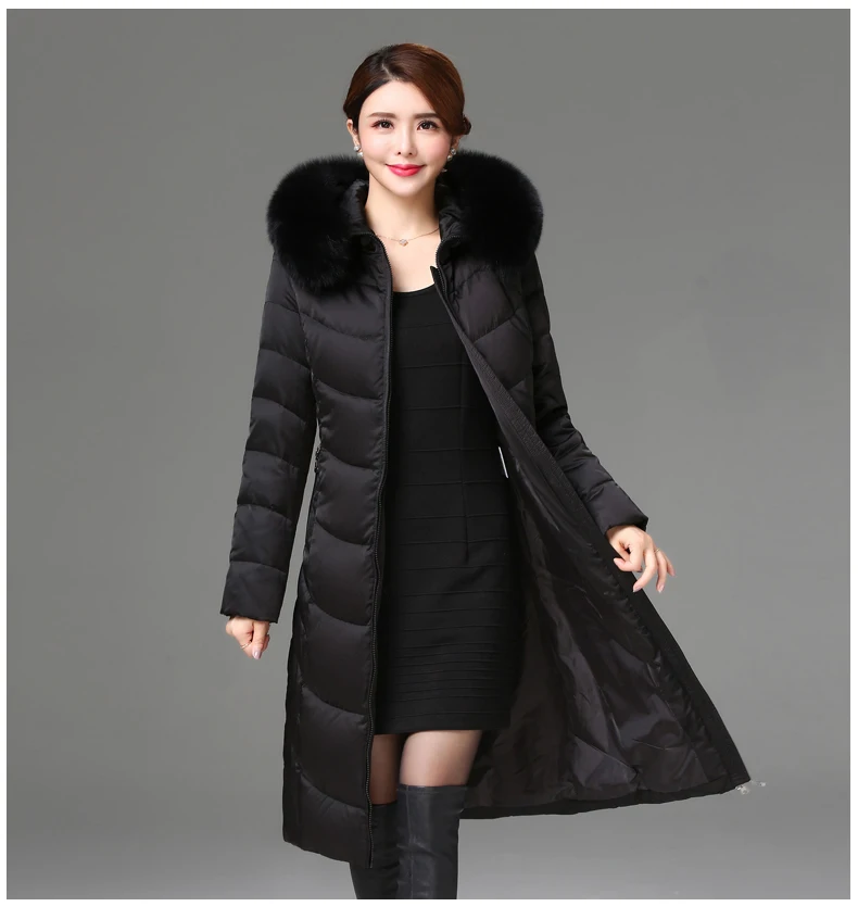 BJCJWF Новая роскошная Длинная женская зимняя куртка на утином пуху с воротником из лисьего меха, плотный теплый тонкий женский пуховик