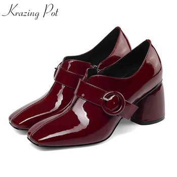 

KRAZING POT genuine leather brand shoes high heels square toe round buckle dancer princess streetwear big siz elegant pumps L51