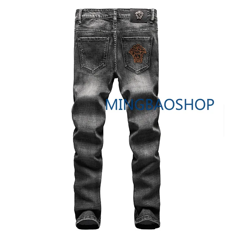 Embroidered New Jeans Men's Station Elastic Fitness Korean Straight Cylinder Smoke Gray Shoe Pants Chao Brand Men's Pants 2019