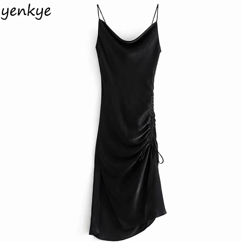 

2019 Women Drawstring Draped Satin Sexy Dress Lady Backless Sleeveless Side Slits Club Party Long Dress HHWM1757
