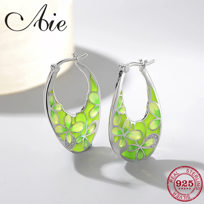 

Fashion round DIY gift 925 Sterling Silver fresh four-leaf clover green Enamel fine Dangle Earrings Party Jewelry