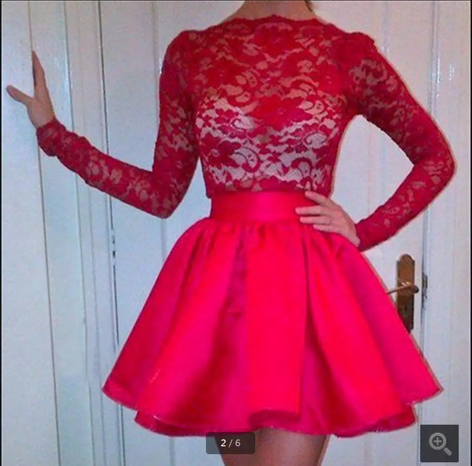2016 new arrival short red lace prom dress long sleeve modest two piece
