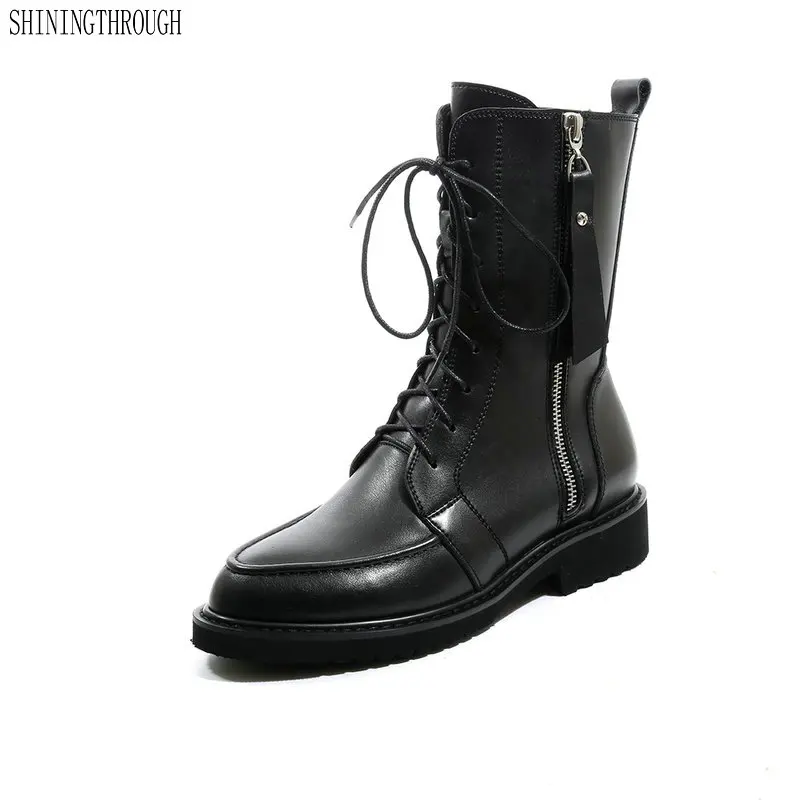 

Genuine Leather Women Boots Low Heel Winter autumn Shoes 2019 Fashion Metallic Zipper Riding Boots large size 34-42