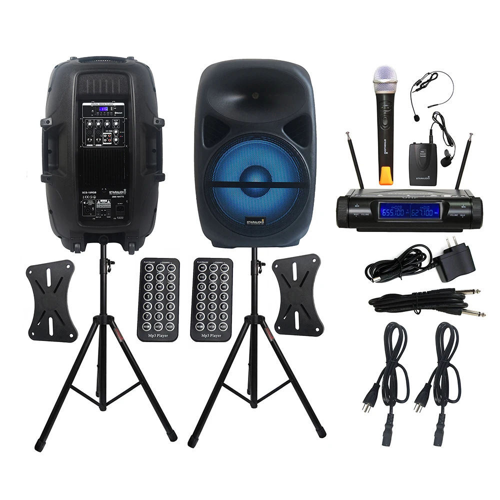 

STARAUDIO Pair 2500W PA 15" Powered DJ Active Bluetooth Speakers Stage DJ Stands 2CH UHF Wireless Handheld Headset Mic SCS-15RGB