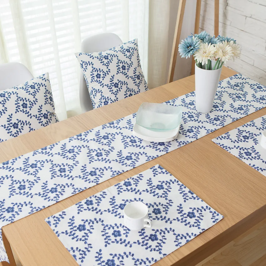 Blue and White Folk Style Table Runner Cotton and Linen Table Runner