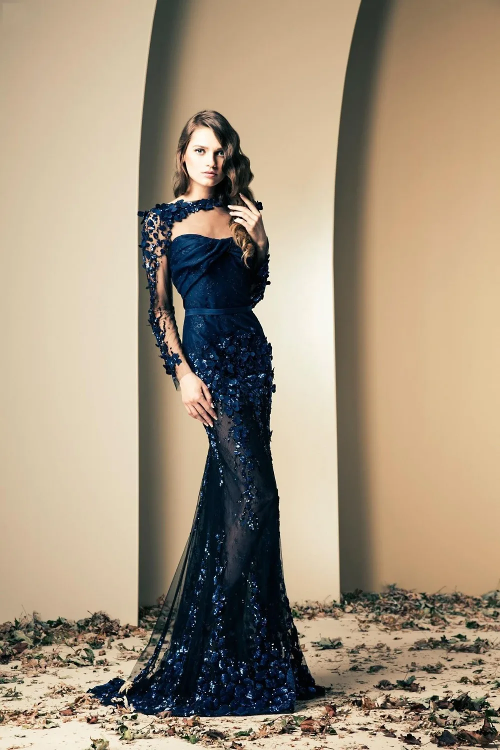 Navy Blue Ziad Nakad Evening Dress For Sale Long Sleeve Beaded