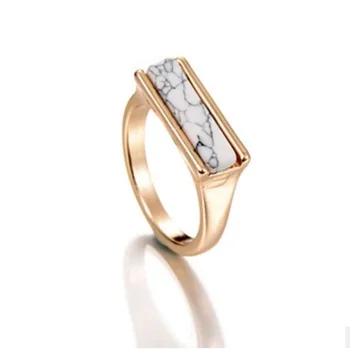 Fashion Brand Design 2016 Gold High Quality New Geometric Rectangle white Natural-Stone-Ring for Women Natural Stone Rings