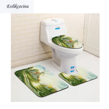

Free Shipping 3pcs Green Scenic Banyo Paspas Bathroom Carpet Toilet Bath Mat Set Non Slip Tapis Salle De Bain Alfombra Bano