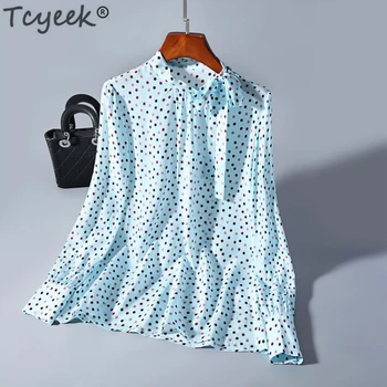 

Tcyeek 100% Real Silk Blouse Women Long Sleeve Shirts Polka Dot Blouse Spring Tops Vintage Blusas Mujer De Moda 2020 LWL1613
