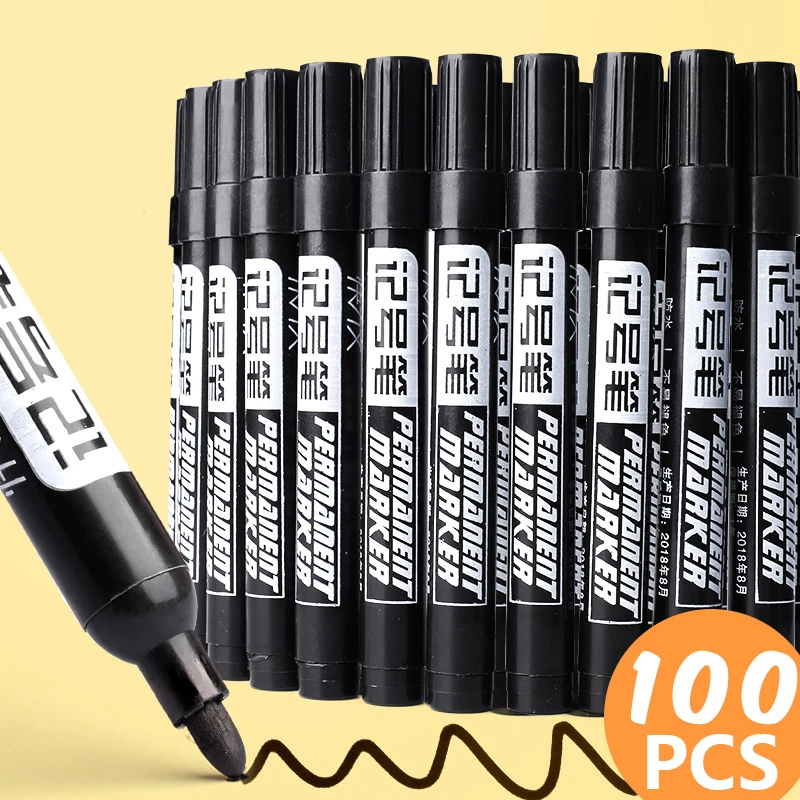 

100pcs Marker Pen Black Oily Waterproof Markers Quick Drying Signature Pen Stationery Supplies Rated Writing Logistics Office