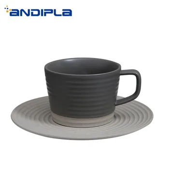 

200ml Japanese Style Coarse Pottery Coffee Cup with Saucer Kit Circle Stripe Art Handle Cups Office Afternoon Tea Mug Drinkware