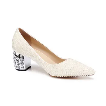 

ACILICI2018002 European and American Thick Heels Inlaid with Diamonds Shallow Mouth Pearl Sexy Wedding Shoes Women Pumps