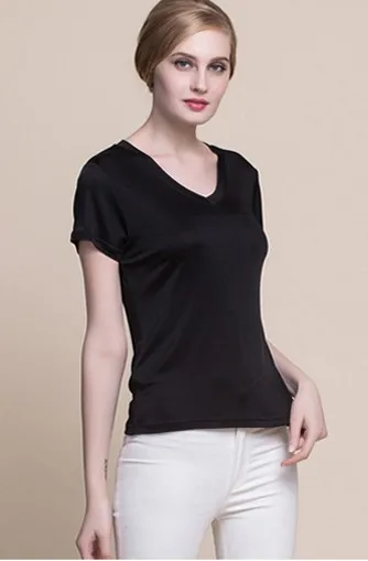 Hk rhyme Лето Шелковая Мода с v-образным вырезом футболки с коротким рукавом женская одежда шелковые вязаные - Цвет: Черный