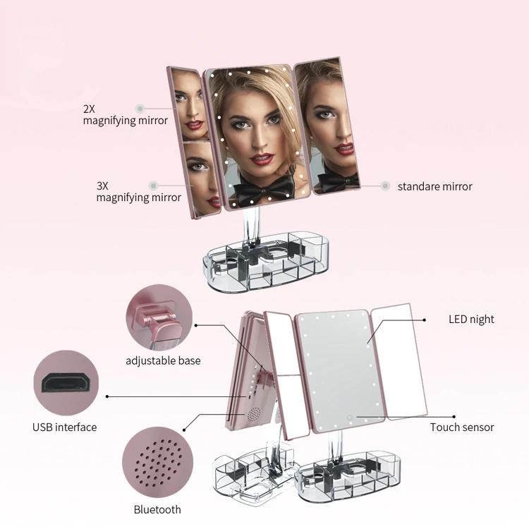  Tri-fold desktop LED makeup mirror Touch dimming on both sides / 2 times 3 times Princess mirror ta