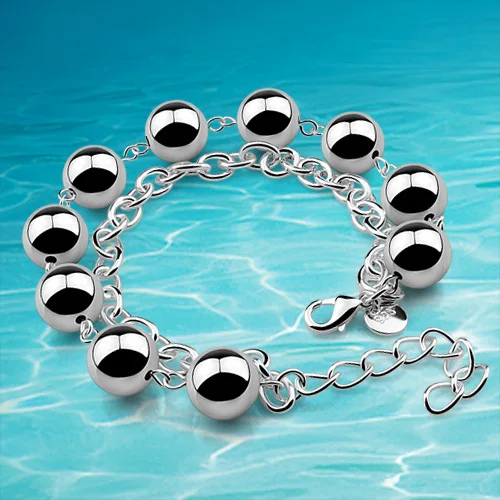 Solid 925 Sterling Silver round balls Chain women's Charm Bracelet