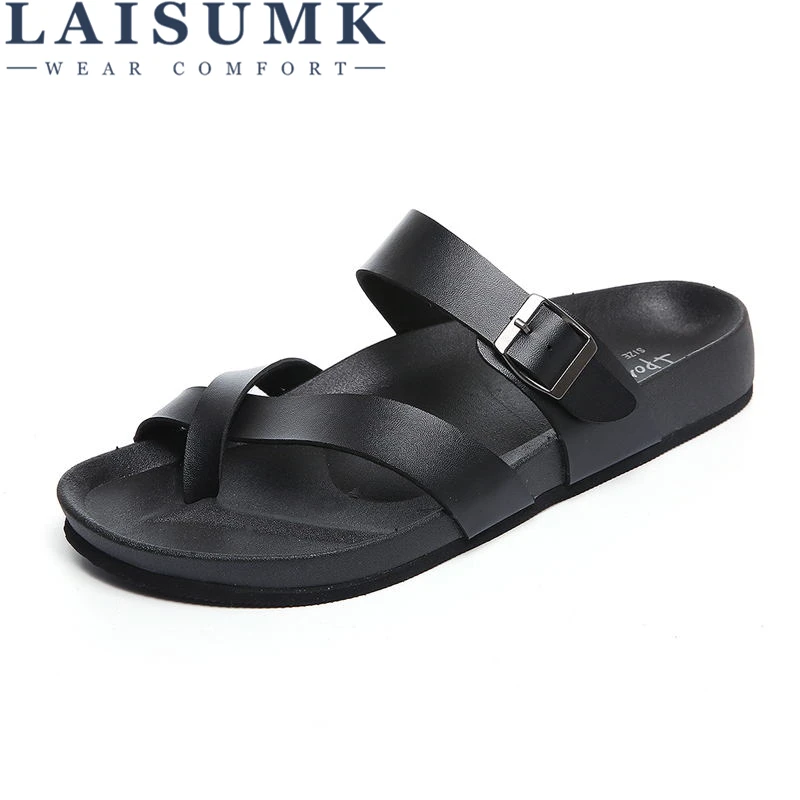 

LAISUMK Men Sandals Men Flip Flops Thong Beach Sandals Leather Luxury Brand Male Casual Shoes Flat Slippers Zapatillas Hombre