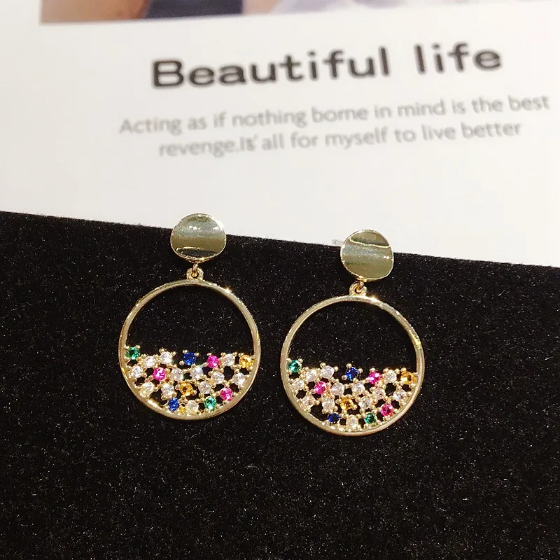 

Delicate Large Stud Earrings Gold Color Colorful Cubic Zircon Crystal Round Pendant Earrings for Women