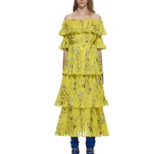 Автопортрет летнее платье Бохо цветочный принт Плиссированное женское шифоновое платье с открытыми плечами гофрированные желтые богемные длинные платья